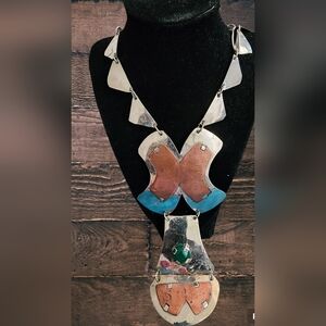 Vintage Lillo Israel Mid Century Brutalist Necklace, Mixed Metals, Green Stone